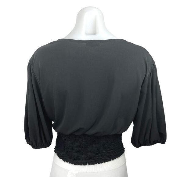 Express Women's Black V-Neck Smocked Waist Balloon Sleeve Wrap Blouse Top Size S - Picture 2 of 4